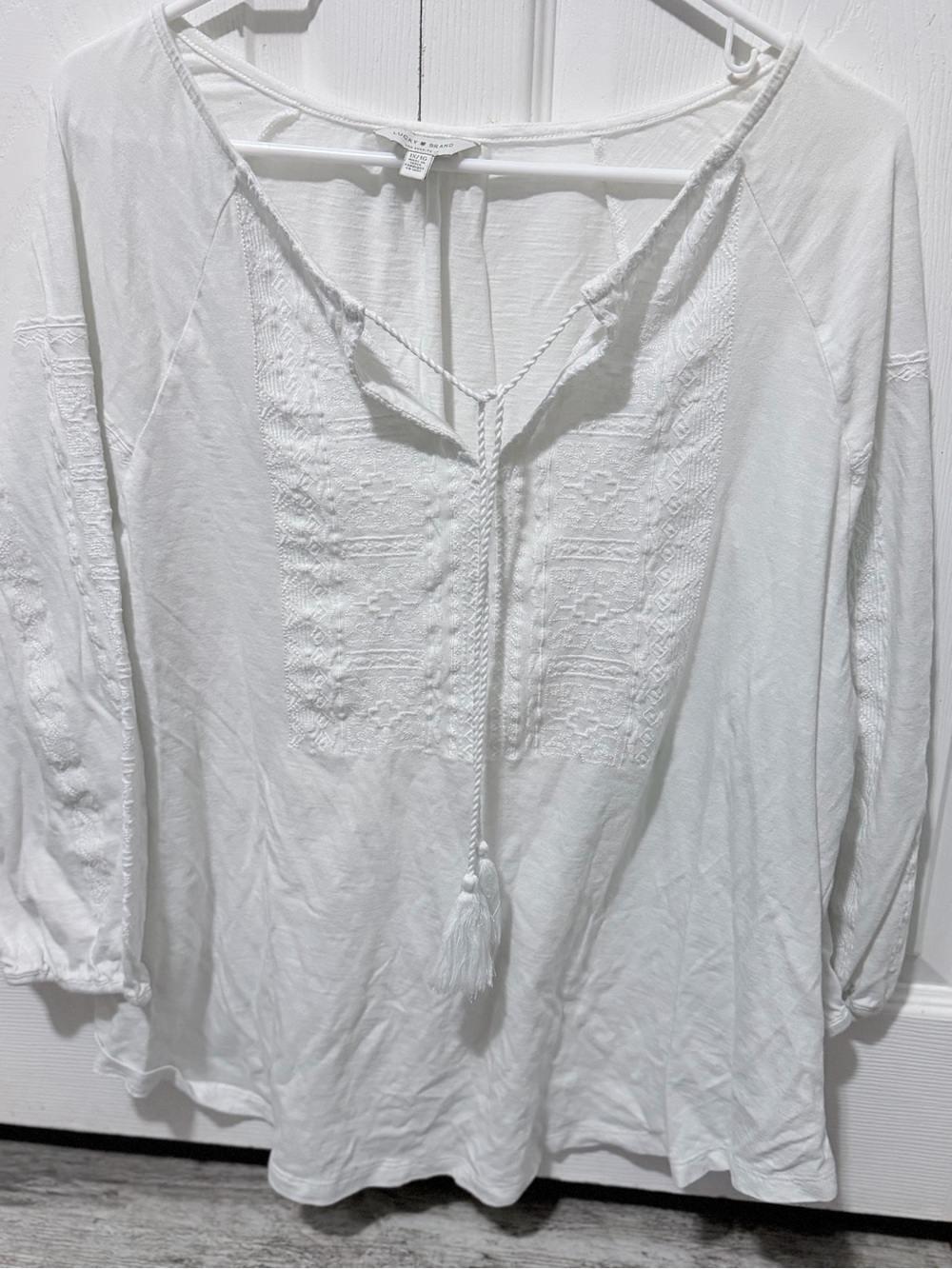 Lucky Brand White Embroidered V-Neck Peasant Blouse